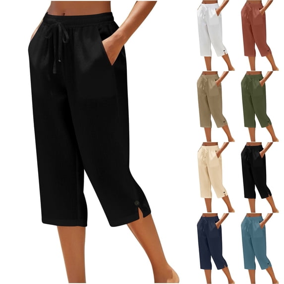 MaFYtyTPR Plus Size Women Cropped Pants Elastic Drawstring Straight Leg Capris Summer Beach Pants with Pockets A-Coffee XXXXL