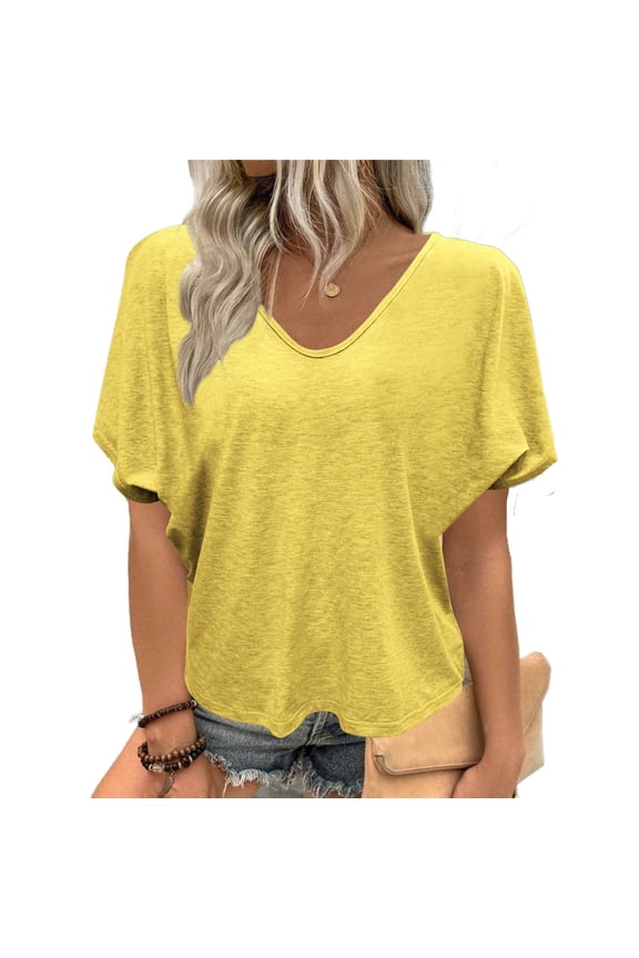 Plus Size Women V-Neck Bat Sleeve T-shirts Women's Summer Casual Loose Solid Color Short Sleeve Tops A-Yellow S
