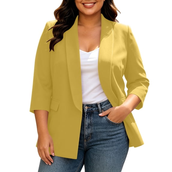 MaFYtyTPR Plus Size Women's Suit Jacket Solid Color Open-front Lapel Pocket 3/4 Sleeve Blazers With Padded Shoulder Lining for Casual Office A-Yellow XL