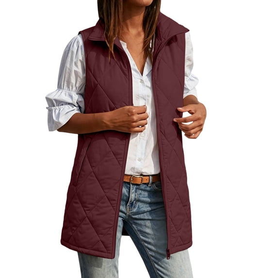 MaFYtyTPR Puff Vest for Women Mid Length Stand Collar Zip Up Sleeveless Quilted Coat with Pockets Women Fall Winter Warm Puffy Waistcoat A-Red S
