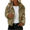 thumbnail image 1 of MaFYtyTPR Puffer Coats for Women Ladies Solid Color Pocket Winter Lapel Long Sleeve Short Hoodless Padded jacket Khaki M, 1 of 5