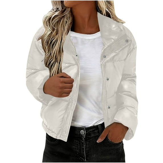 MaFYtyTPR Puffer Coats for Women Ladies Solid Color Pocket Winter Lapel Long Sleeve Short Hoodless Padded jacket White M
