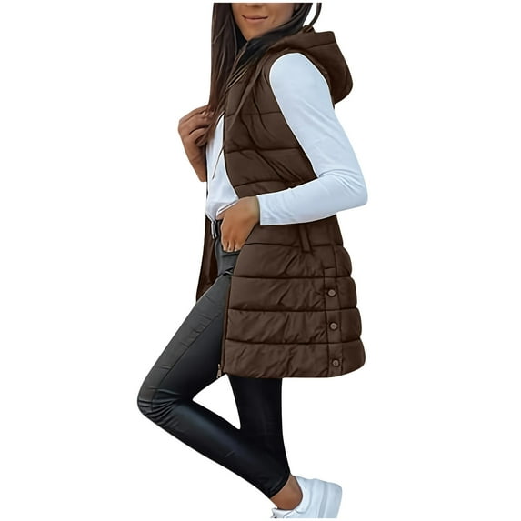 MaFYtyTPR Puffer Vest for Women Women's Casual Winter Long Hooded Sleeveless Puffy Jackets Coat With Pockets Brown S