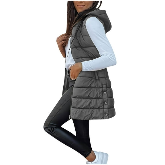 MaFYtyTPR Puffer Vest for Women Women's Casual Winter Long Hooded Sleeveless Puffy Jackets Coat With Pockets Dark Gray XXL