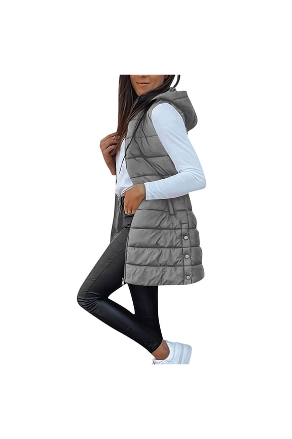 Puffer Vest for Women Women's Casual Winter Long Hooded Sleeveless Puffy Jackets Coat With Pockets Gray M