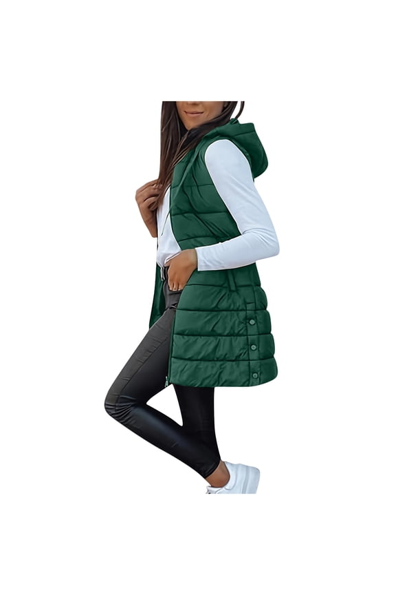 Puffer Vest for Women Women's Casual Winter Long Hooded Sleeveless Puffy Jackets Coat With Pockets Green XL