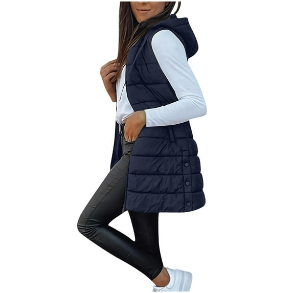 MaFYtyTPR Puffer Vest for Women Women's Casual Winter Long Hooded Sleeveless Puffy Jackets Coat With Pockets Navy L