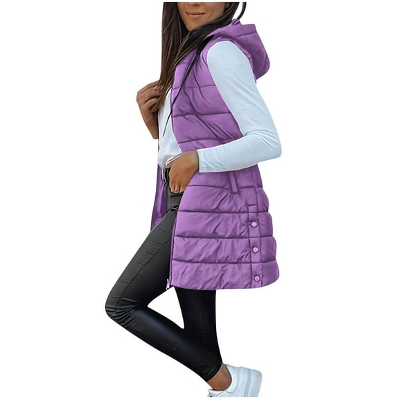 MaFYtyTPR Puffer Vest for Women Women's Casual Winter Long Hooded Sleeveless Puffy Jackets Coat With Pockets Purple XXL