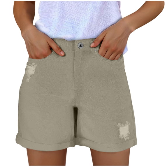 MaFYtyTPR Ripped Jeans Shorts for Women Fashion Slim Fit Durability Perforated Button Denim Pants with Pockets Khaki L