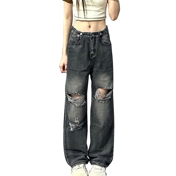 MaFYtyTPR Jeans for Women Women's Solid Color Ripped High Elastic Waist Straight Leg Wide Leg Long Pants