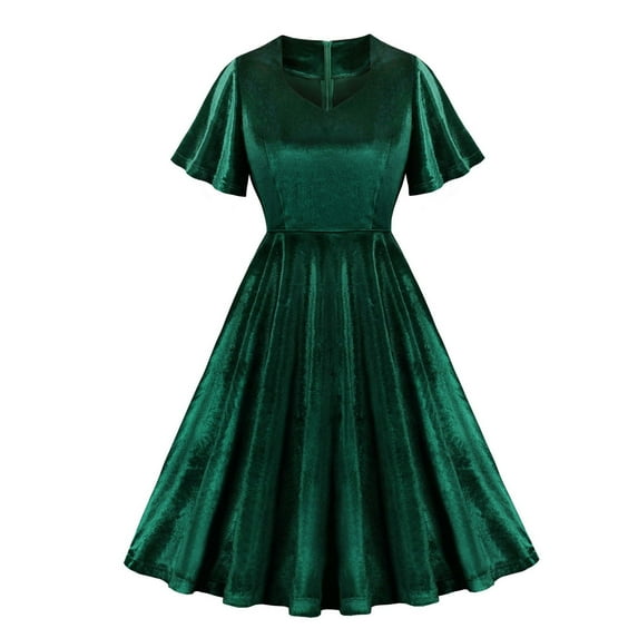 MaFYtyTPR Short Sleeve Dress for Women Fashion Ladies Summer Casual V-Neck Ruffled Solid Satin Dresses Green L