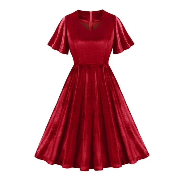 MaFYtyTPR Short Sleeve Dress for Women Fashion Ladies Summer Casual V-Neck Ruffled Solid Satin Dresses Red M