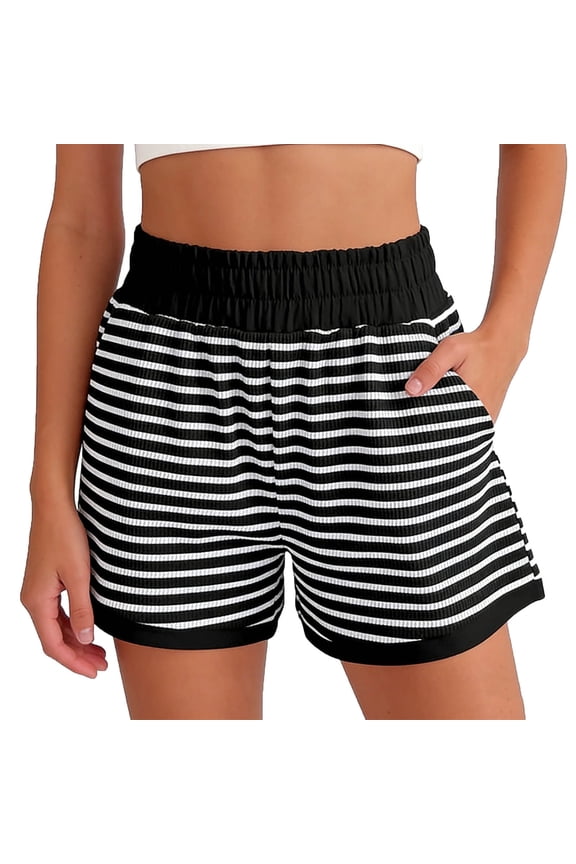Shorts for Women Summer Fashion Striped Pocket Loose Tight Waist Loose Shorts Black XL