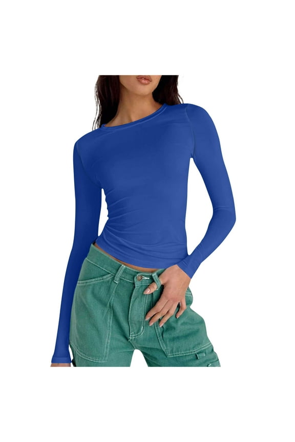 Spring Fall Long Sleeve Tops for Women 2026 Fashion Casual Round Neck Solid Color Slim Fit Casual Basic Blouse Blue L