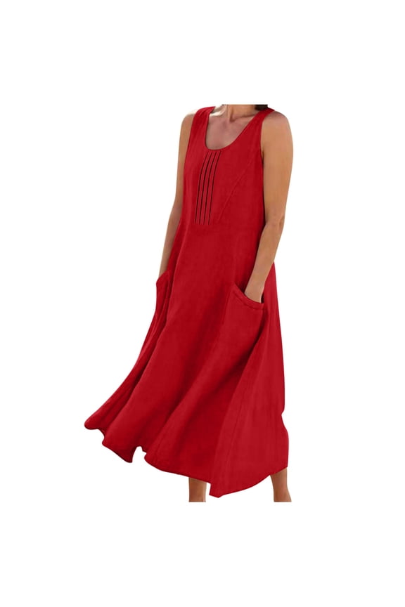 Summer Beach Dresses for Women Fashion Women's Sleeveless Casual Pocket Pleated V-Neck Solid Long Dress Red XXL