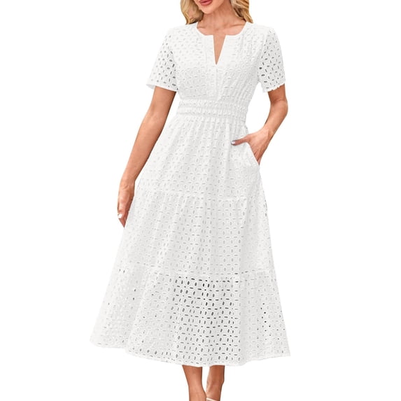 MaFYtyTPR Summer Dress For Women V Neck Short Sleeve A Line Solid Color Casual Hollow Out Party Dresses White XXL