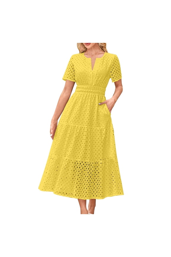Summer Dress For Women V Neck Short Sleeve A Line Solid Color Casual Hollow Out Party Dresses Yellow XXL