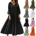 thumbnail image 1 of MaFYtyTPR Summer Dress for Women Casual 3/4 Sleeve Pleated Sundress Cotton Linen V-Neck Loose Flowy Beach Dresses A-White XXL, 1 of 8