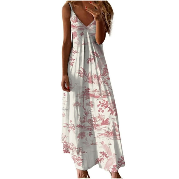 MaFYtyTPR Summer Casual Dresses For Women Fashion Floral Printed Sleeveless Loose Camis V-Neck Maxi Dress A-Pink L