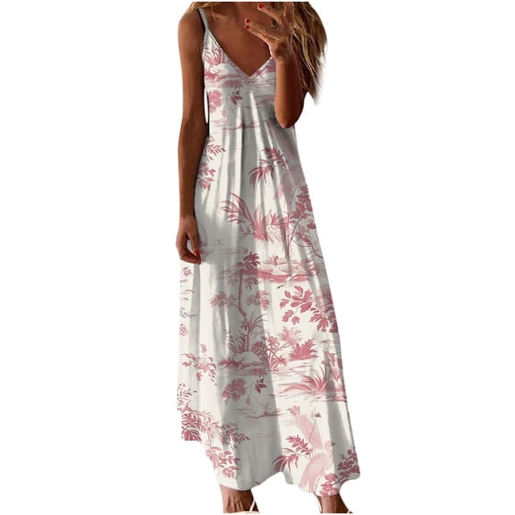 MaFYtyTPR Summer Casual Dresses For Women Fashion Floral Printed Sleeveless Loose Camis V-Neck Maxi Dress A-Pink M
