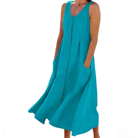 MaFYtyTPR Tank Dress for Women Summer Fashion Solid Color Breasted V-Neck Maxi Dresses with Pocket Sky Blue XXL