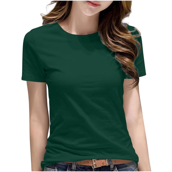 MaFYtyTPR Summer T-Shirts for Women Solid Color Shoulder Short Sleeved Round Neck Casual Fashion Tops Army Green L