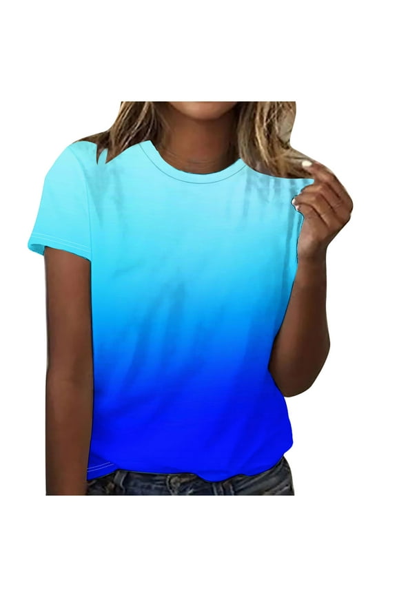 Summer T-shirts for Women Fashion Gradient Color Print Short Sleeve Round Neck Loose Tops Blue XXL