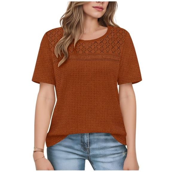 MaFYtyTPR Summer Tops for Women Casual Waffle Soft Knit Short Sleeve Loose Top With Openwork Openwork Design Orange XXL
