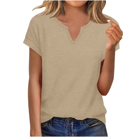 MaFYtyTPR Summer Tops for Women Fashion Solid Color Short Sleeve V-Neck Loose Versatile T-Shirt Top Khaki M