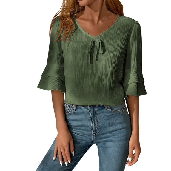 MaFYtyTPR Summer Tops for Women Loose Casual Solid Color Half Sleeve V-Neck Imitation Cotton Linen Shirts Army Green L