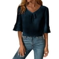 thumbnail image 1 of MaFYtyTPR Summer Tops for Women Loose Casual Solid Color Half Sleeve V-Neck Imitation Cotton Linen Shirts Navy S, 1 of 5