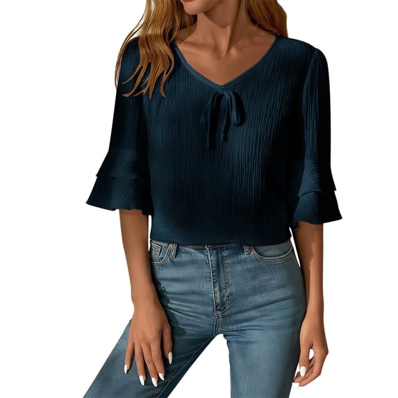MaFYtyTPR Summer Tops for Women Loose Casual Solid Color Half Sleeve V-Neck Imitation Cotton Linen Shirts Navy S