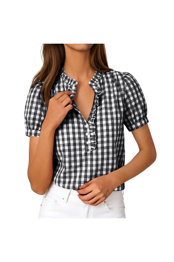 Summer Women's Checked V-Neck Blouse Trendy Ruffle Trim Button Front Short Sleeve Casual Tops Loose Puff Sleeve Shirts for Women A-Black S