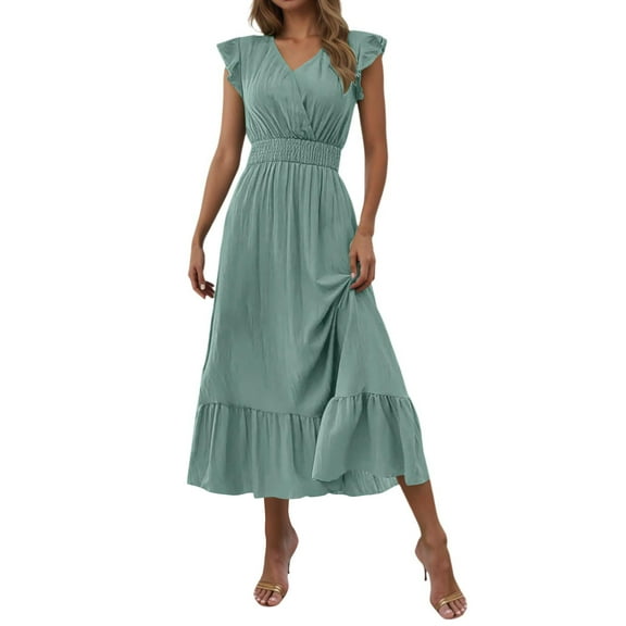 MaFYtyTPR Summer Women's Maxi Dress Trendy Bohemian Style Solid V-Neck Beach Solid Sleeveless Ruffled Long Dresses Mint Green L