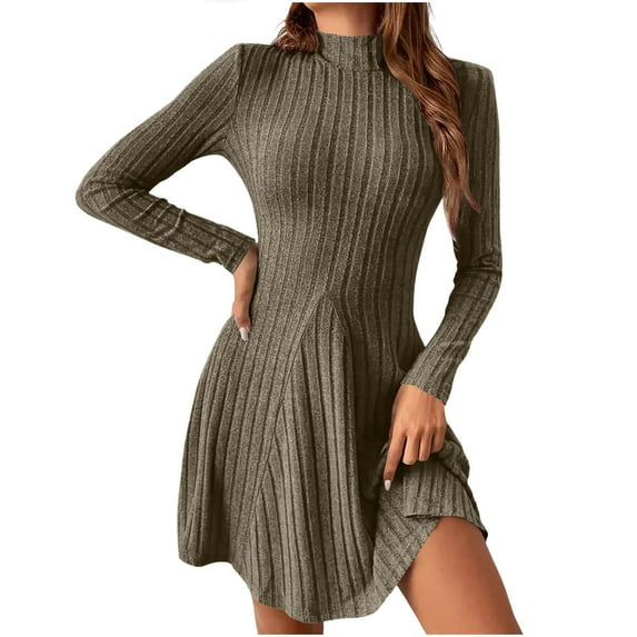 MaFYtyTPR Sweater Dress for Women Ladies Solid Long Sleeved Slim Half High Collar Waist Cinched A-line Dresses Army Green S