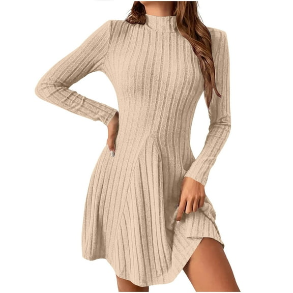 MaFYtyTPR Sweater Dress for Women Ladies Solid Long Sleeved Slim Half High Collar Waist Cinched A-line Dresses Beige XL