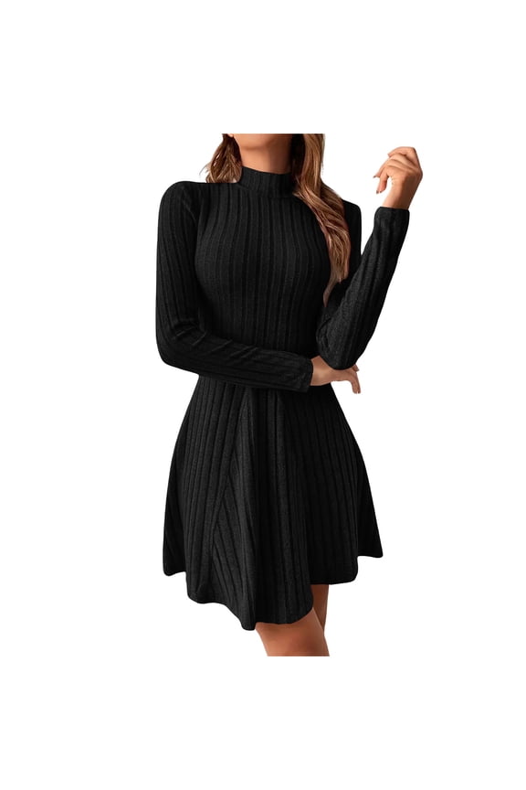 Sweater Dress for Women Ladies Solid Long Sleeved Slim Half High Collar Waist Cinched A-line Dresses Black S