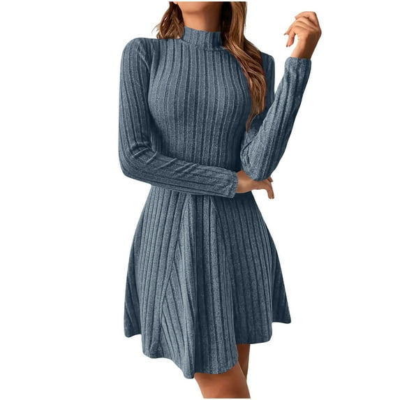 MaFYtyTPR Sweater Dress for Women Ladies Solid Long Sleeved Slim Half High Collar Waist Cinched A-line Dresses Light Blue XL