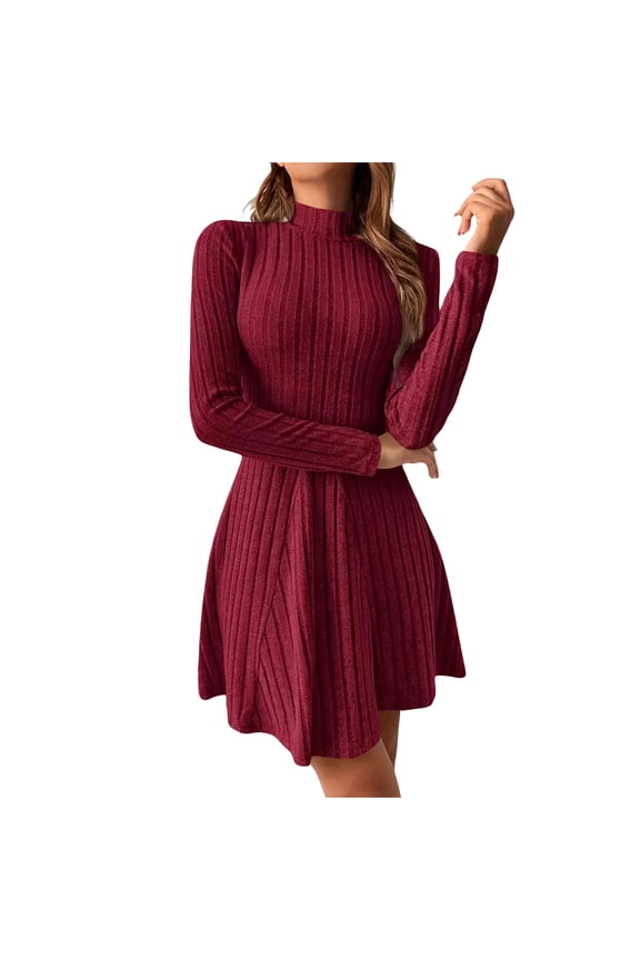 Sweater Dress for Women Ladies Solid Long Sleeved Slim Half High Collar Waist Cinched A-line Dresses Wine XXL