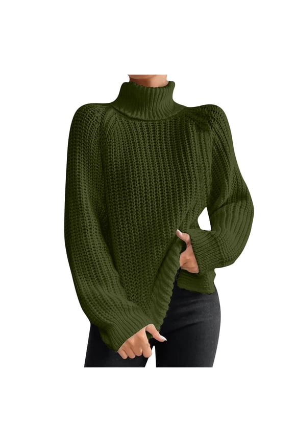 Sweaters for Women 2025 Fashion Women Long Sleeve Pullover Turtleneck-Neck Casual Sweater Tops Army Green XS