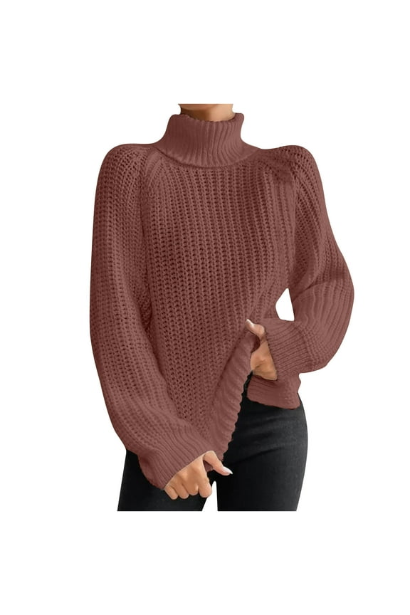 Sweaters for Women 2025 Fashion Women Long Sleeve Pullover Turtleneck-Neck Casual Sweater Tops Brown S