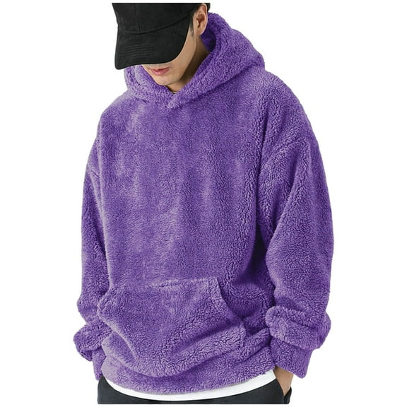 MaFYtyTPR Sweatshirts for Men Men's Fall Winter Fleece Warm Solid Color Hooded Pullover Sweatshirt with Pockets Purple S