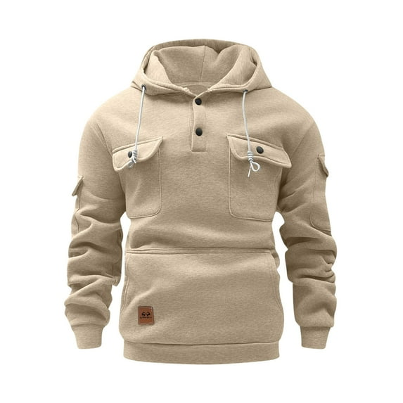 MaFYtyTPR Sweatshirts for Men and Women Unisex Solid Color Long Sleeve Hooded Multiple Pockets Sweatshirts Tops Beige L