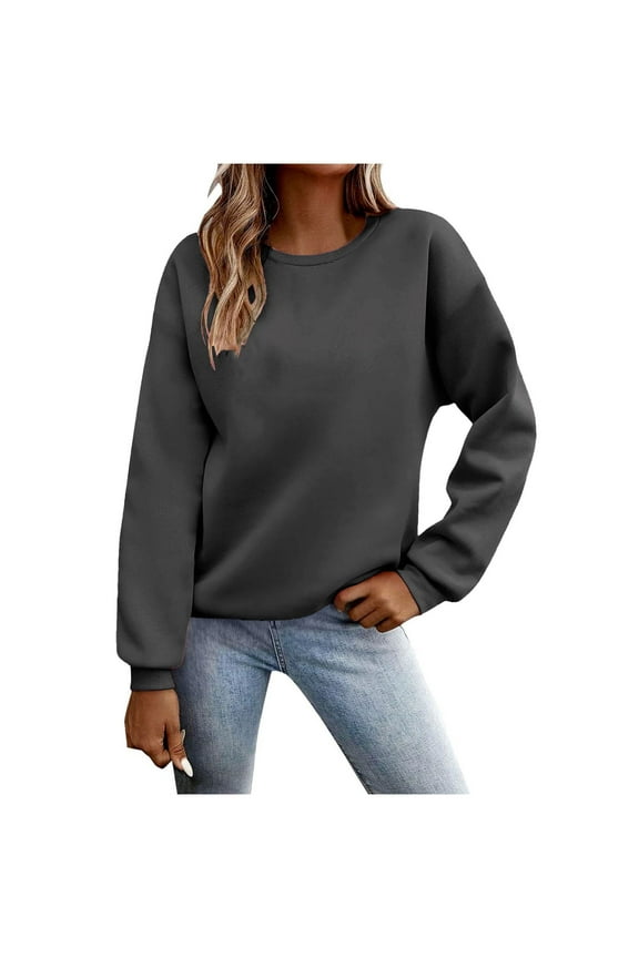 Sweatshirts for Women Women's Round Neck Fashion Solid Color Hoodless Long Sleeved Loose Top Dark Gray XS