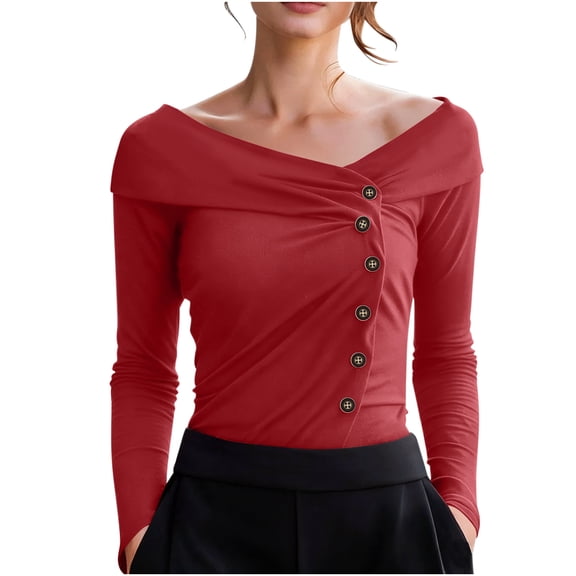 MaFYtyTPR Tops for Women Fashion Temperament Off-Shoulder Buttoned Long Sleeve Pullover Ladies Blouse Red M