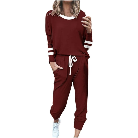 MaFYtyTPR Two Piece Outfits for Women Fall Winter Long Sleeved Temperament Commuting Round Neck Tops Wide Leg Pants Knitted Two-piece Sets Z-Wine L