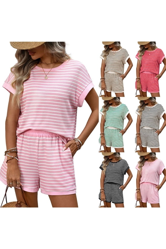 Two Piece Sets for Women Summer Casual Striped Shorts Crew Neck Short Sleeve Tops Women's 2 Piece Outfits Lounge Sets 01-Hot Pink L