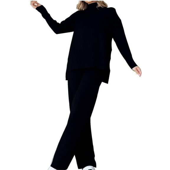 MaFYtyTPR Two piece Sets for Women Women's Winter Fashion New High Collar Loose Casual Two Piece Solid Color Knitted Set Long Sleeve Round Neck Top Set Black L