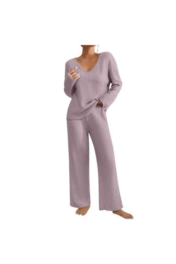 Two piece Sets for Women Women's Winter Fashion New Loose Casual Sweater And Pants Two Piece Solid Color Knitted Set Long Sleeve Round Neck Top Set Pink XL