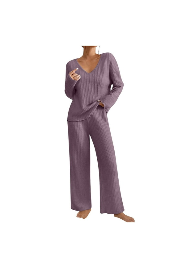 Two piece Sets for Women Women's Winter Fashion New Loose Casual Sweater And Pants Two Piece Solid Color Knitted Set Long Sleeve Round Neck Top Set Purple XXL